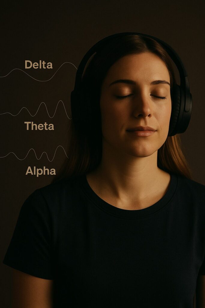 Woman listening brainwaves through headphones 